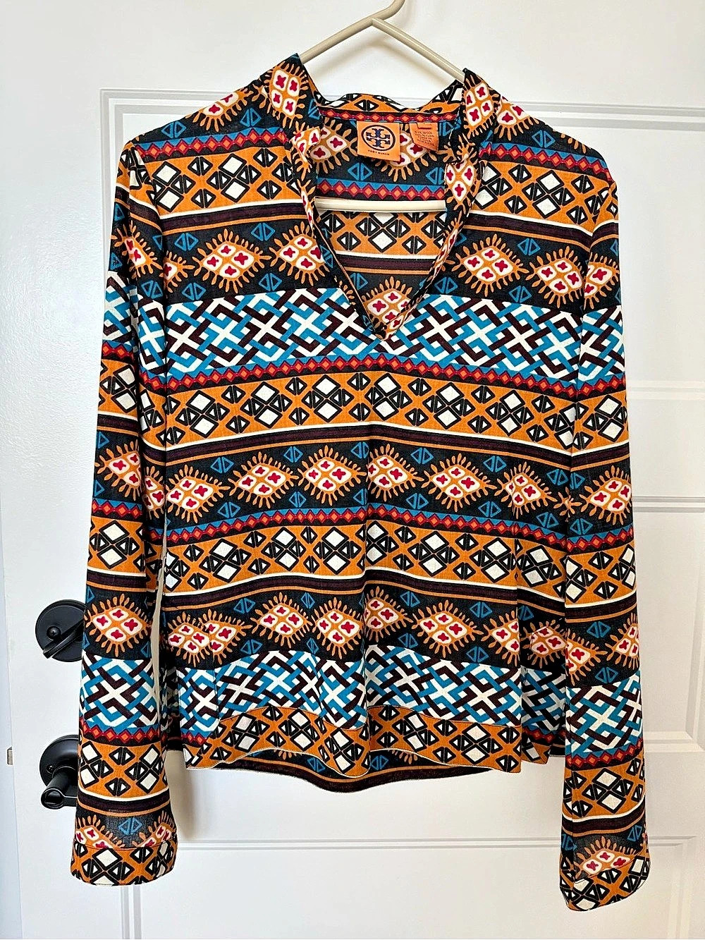 Tory Burch Geometric Wool Blend Blouse in Orange & Black. New/without tags